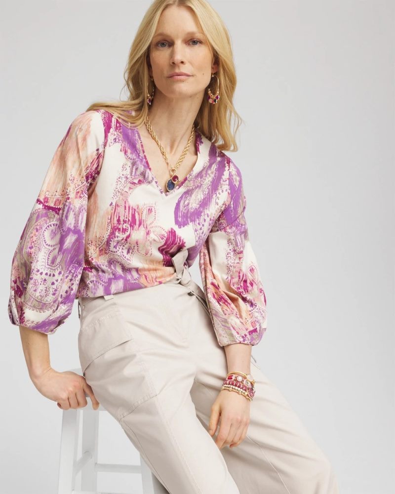 Chicos Paisley V-Neck Tuck-Sleeve Tee - WILD TRUFFLE