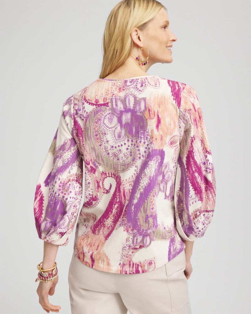 Chicos Paisley V-Neck Tuck-Sleeve Tee - WILD TRUFFLE