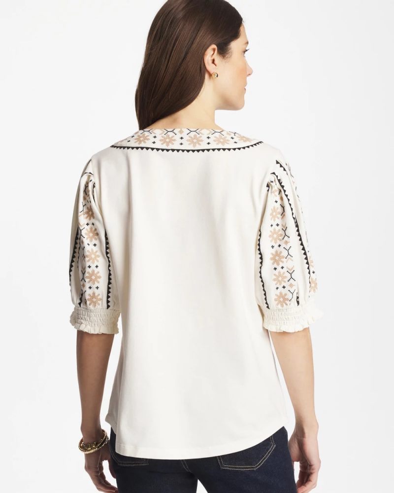 Chicos Embroidered Smocked-Sleeve Tee - ECRU