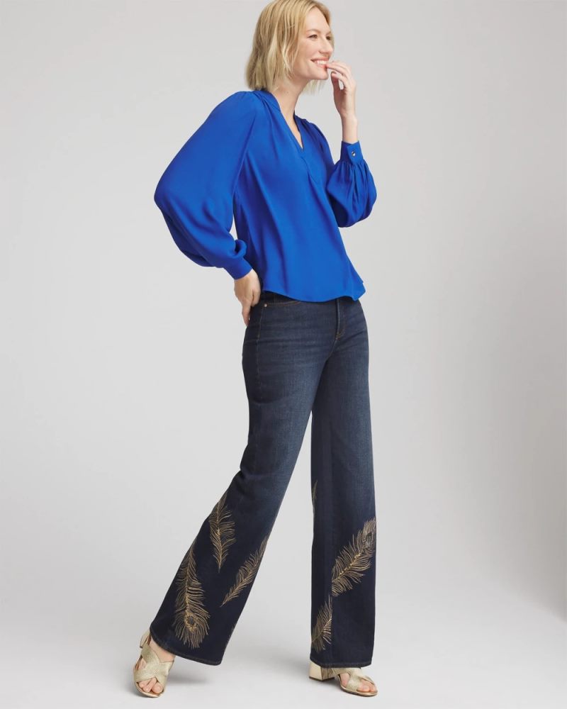 Chicos Splitneck Pullover Crepe Blouse - COBALT STONE