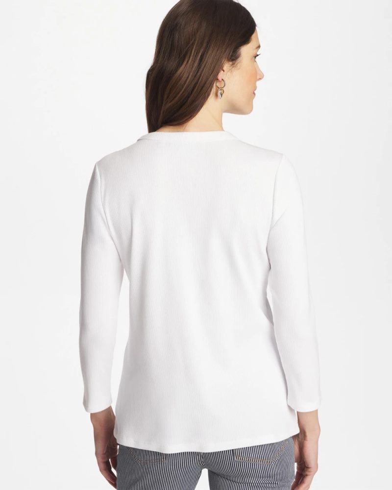 Chicos Ribbed Button Crewneck Tee - ALABASTER