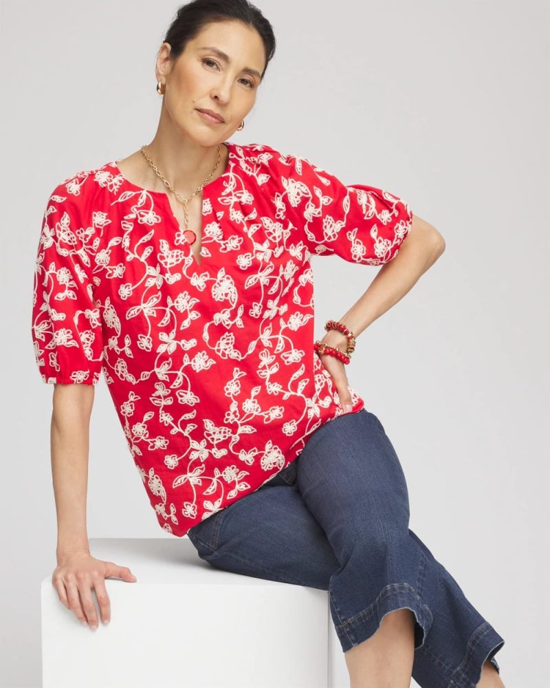 Chicos Floral Embroidered Cotton Peasant Blouse - RED GLOW