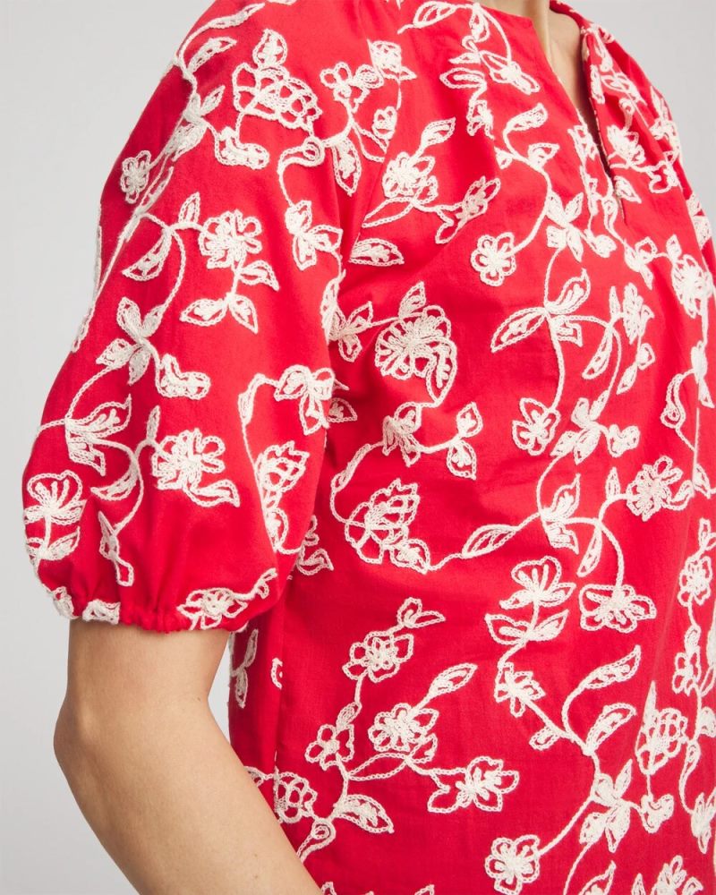 Chicos Floral Embroidered Cotton Peasant Blouse - RED GLOW