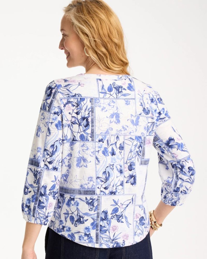 Chicos Elle Puff Sleeve Cotton Slub Henley Tee - PASSPORT BLUE
