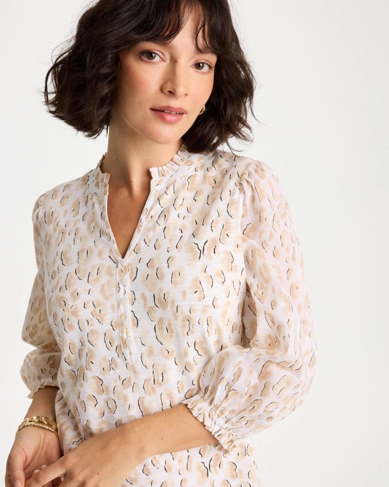 Chicos Animal Print Ruffled V-Neck Top - MOCHA MOUSSE