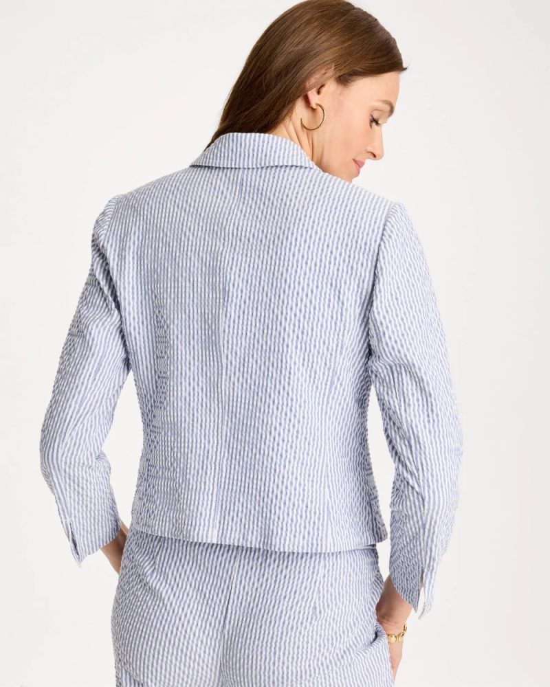 Chicos Seersucker Striped Cropped Blazer - BLUE