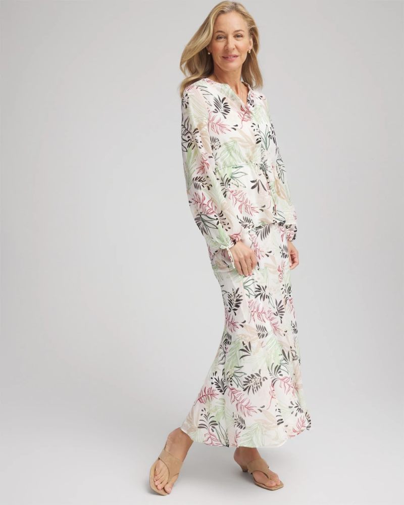Chicos Floral Embroidered Crinkle Maxi Skirt - ECRU
