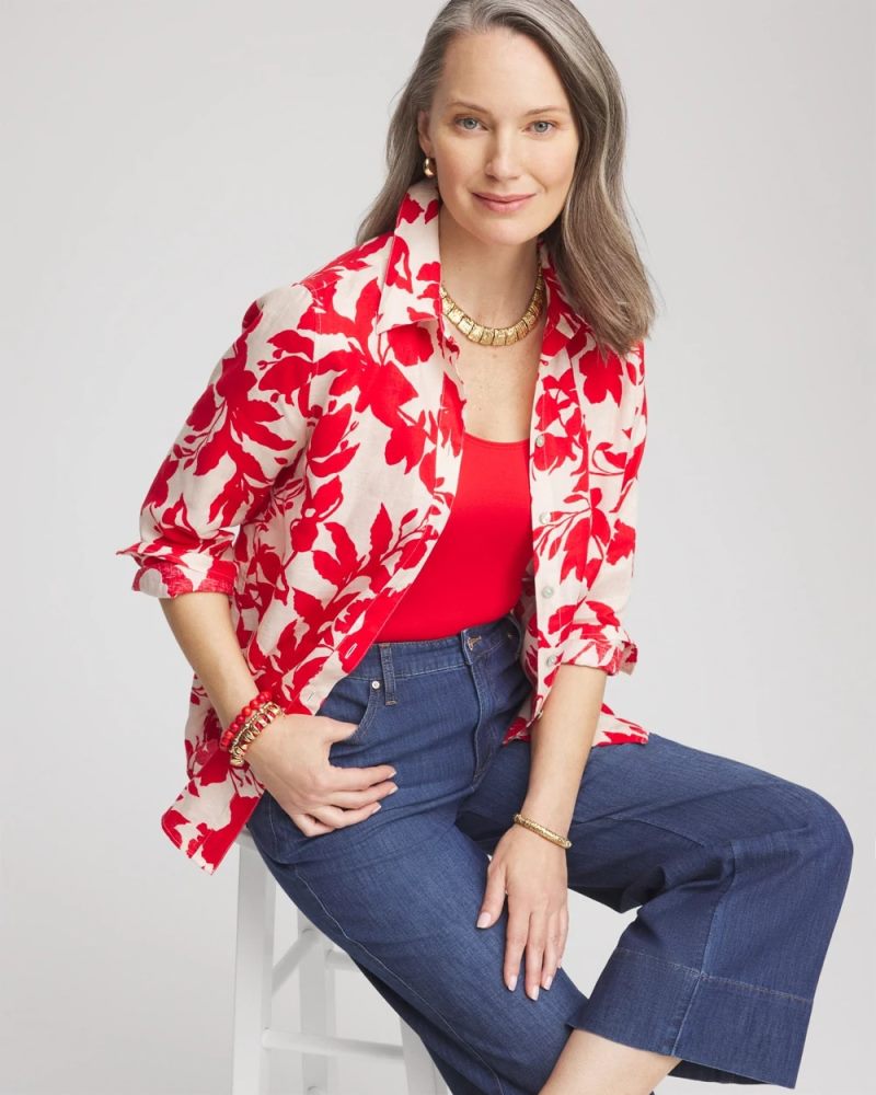 Chicos No Iron Floral Linen Shirt - RED GLOW