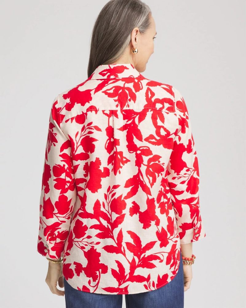 Chicos No Iron Floral Linen Shirt - RED GLOW