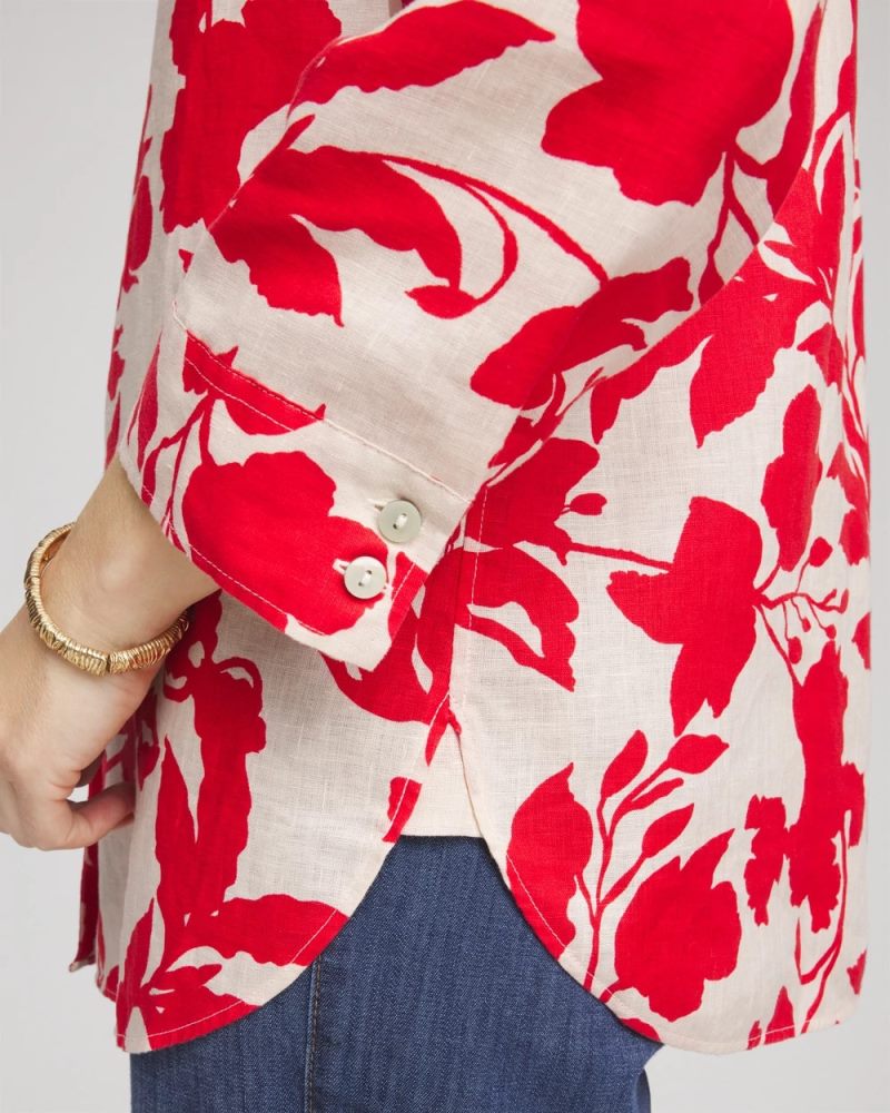 Chicos No Iron Floral Linen Shirt - RED GLOW