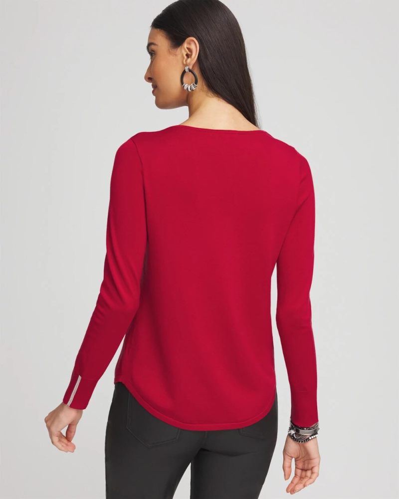 Chicos Caviar Trim V-Neck Pullover Sweater - RED ALLURE