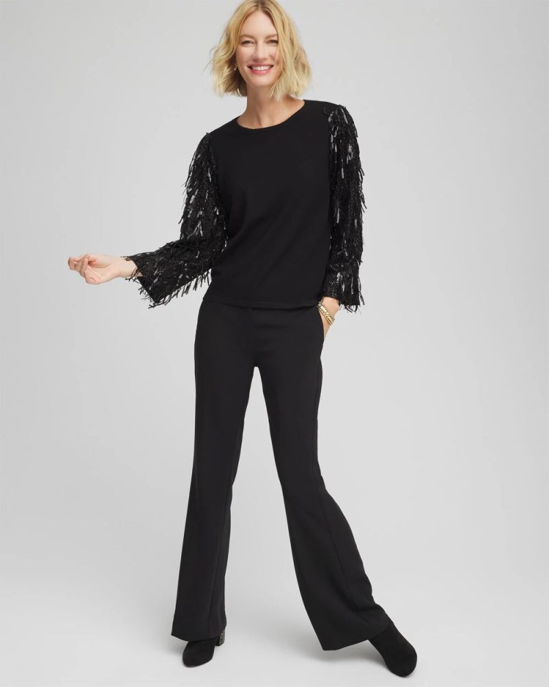 Chicos Fringe Sequins Pullover Sweater - BLACK