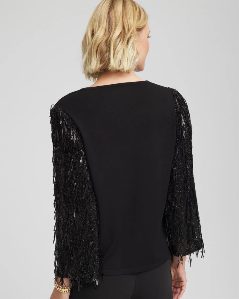 Chicos Fringe Sequins Pullover Sweater - BLACK