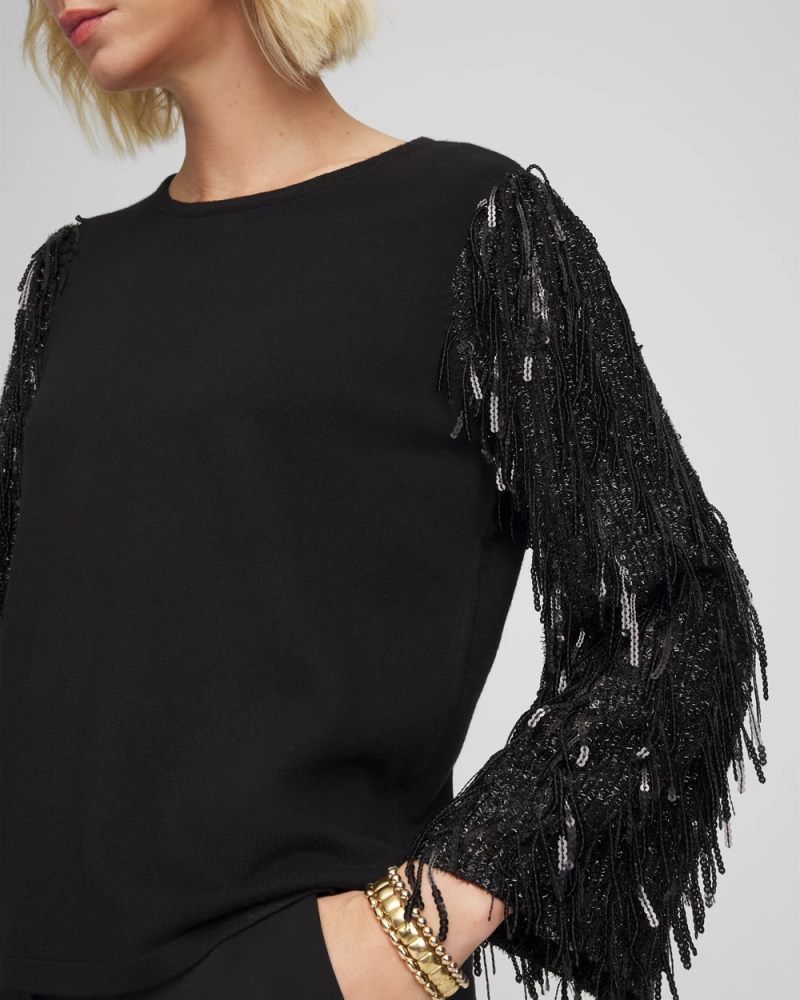 Chicos Fringe Sequins Pullover Sweater - BLACK