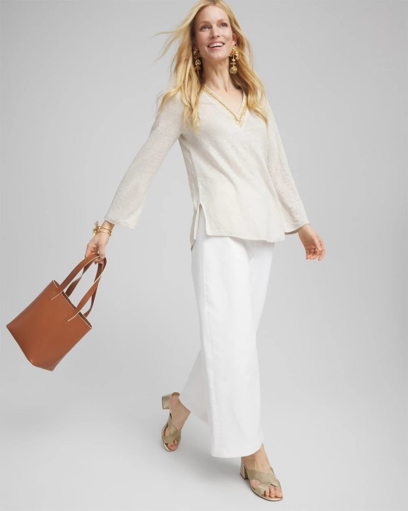 Chicos Linen Embellished V-Neck Tunic - RIVER ROCK