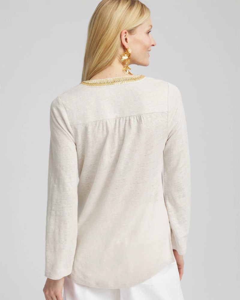 Chicos Linen Embellished V-Neck Tunic - RIVER ROCK