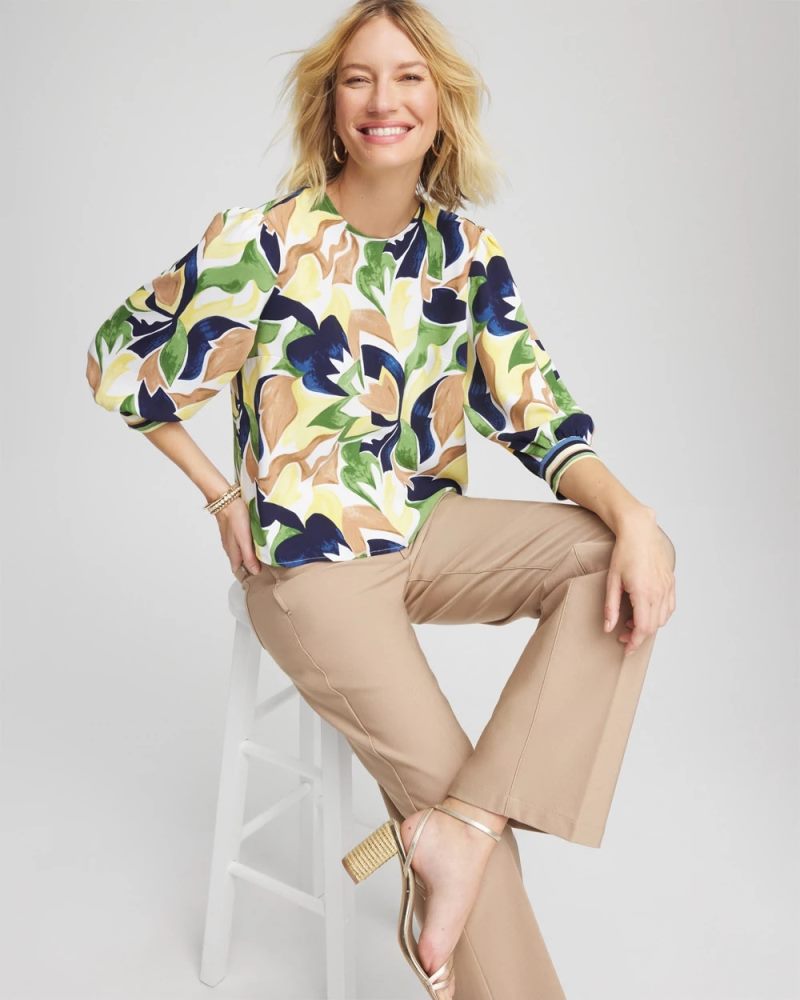 Chicos Mod Blooms Matte Satin Pullover - PANNA COTTA