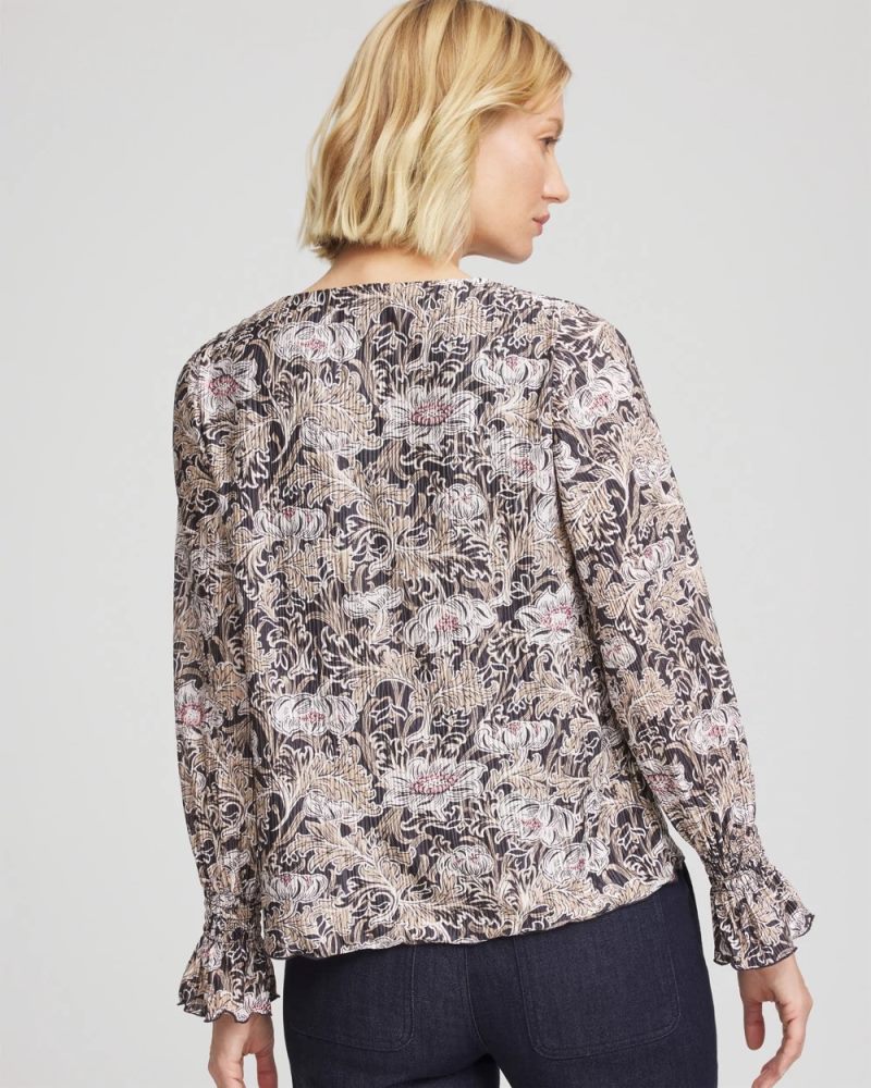 Chicos Bloom Crinkle Bodre Top - GRAPHITE GRAY