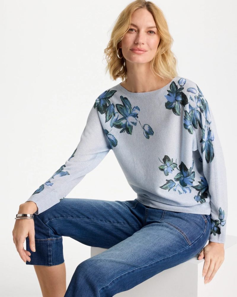 Chicos Floral Print Pullover Sweater - BLUE ORCHID