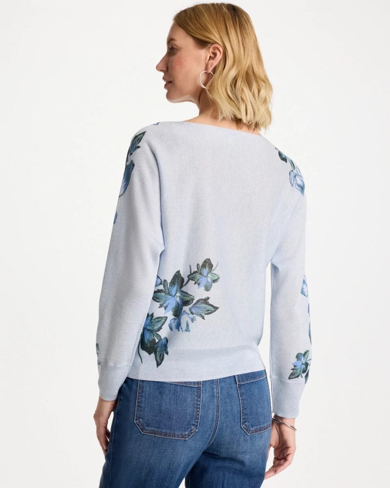 Chicos Floral Print Pullover Sweater - BLUE ORCHID