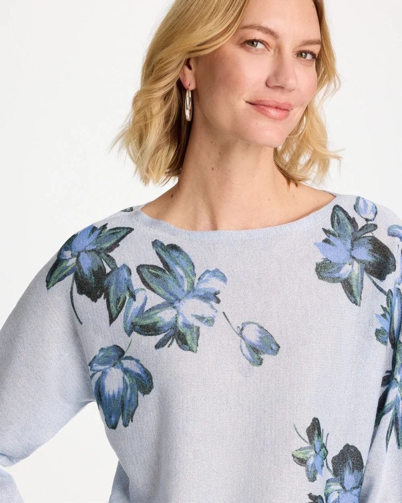 Chicos Floral Print Pullover Sweater - BLUE ORCHID
