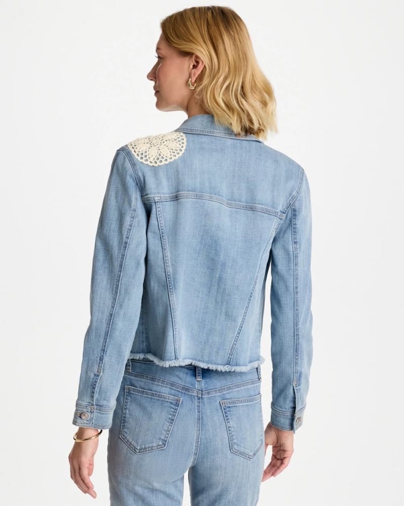 Chicos Embroidered Frayed Denim Trucker Jacket - CORAL REEF INDIGO