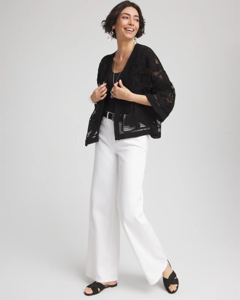 Chicos Cutwork Crochet-Lace Short Kimono - BLACK