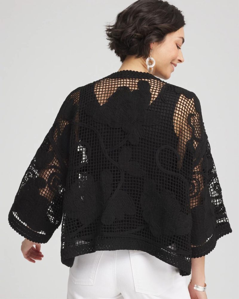 Chicos Cutwork Crochet-Lace Short Kimono - BLACK