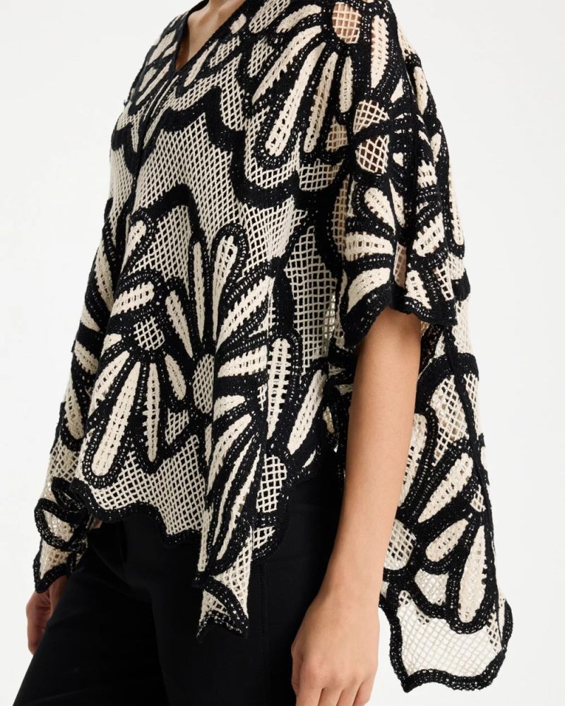 Chicos Crochet Lace Contrast Floral Poncho - BLACK AND NEUTRAL