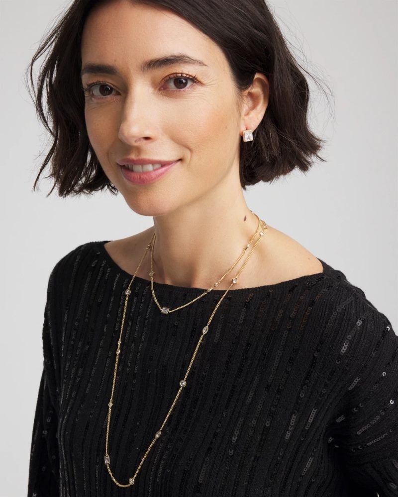 Chicos Fine Crystal Long Chain Necklace - GOLD