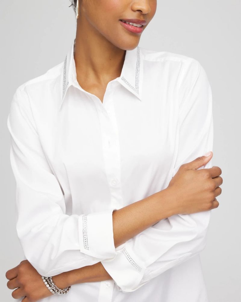 Chicos Rhinestone Embellished Poplin Tunic - ALABASTER