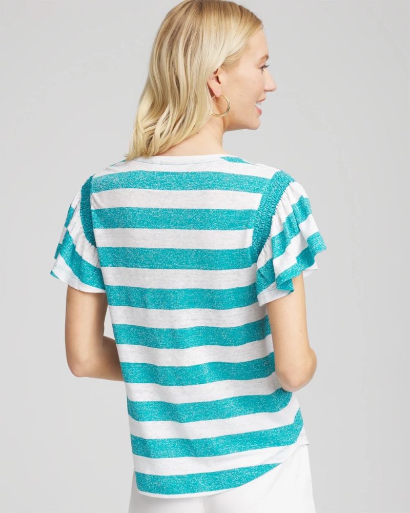 Chicos Linen Metallic Striped Flutter-Sleeve Tee - SEASPRAY