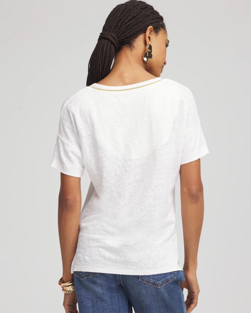 Chicos Floral Sweater Trim Linen Tee - ALABASTER