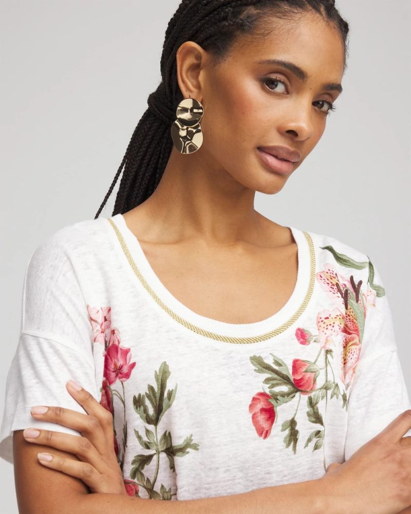 Chicos Floral Sweater Trim Linen Tee - ALABASTER