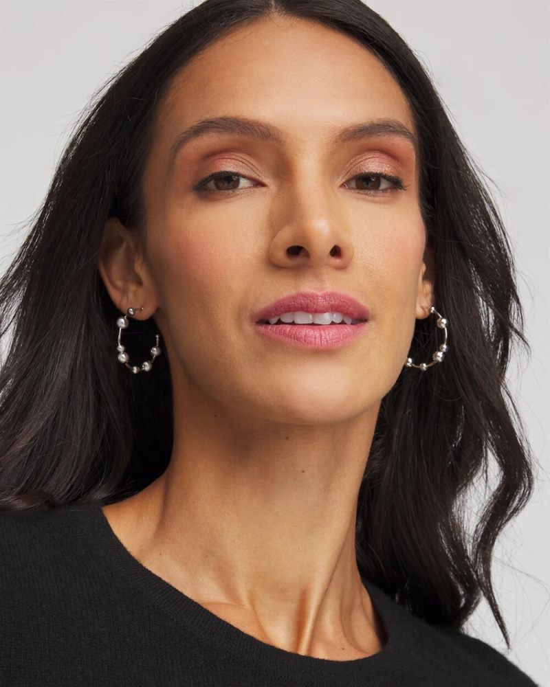 Chicos Silvertone Beaded Hoop Earrings - SILVER