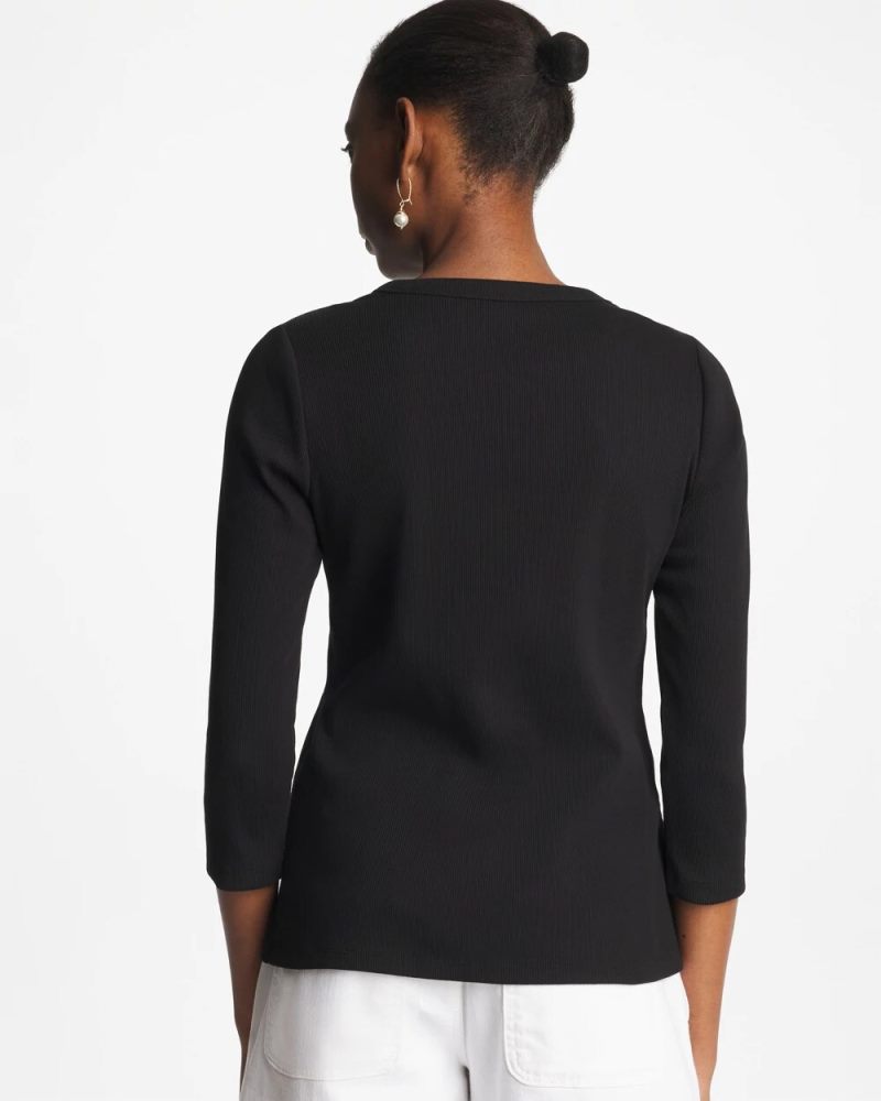 Chicos Ribbed Button Crewneck Tee - BLACK