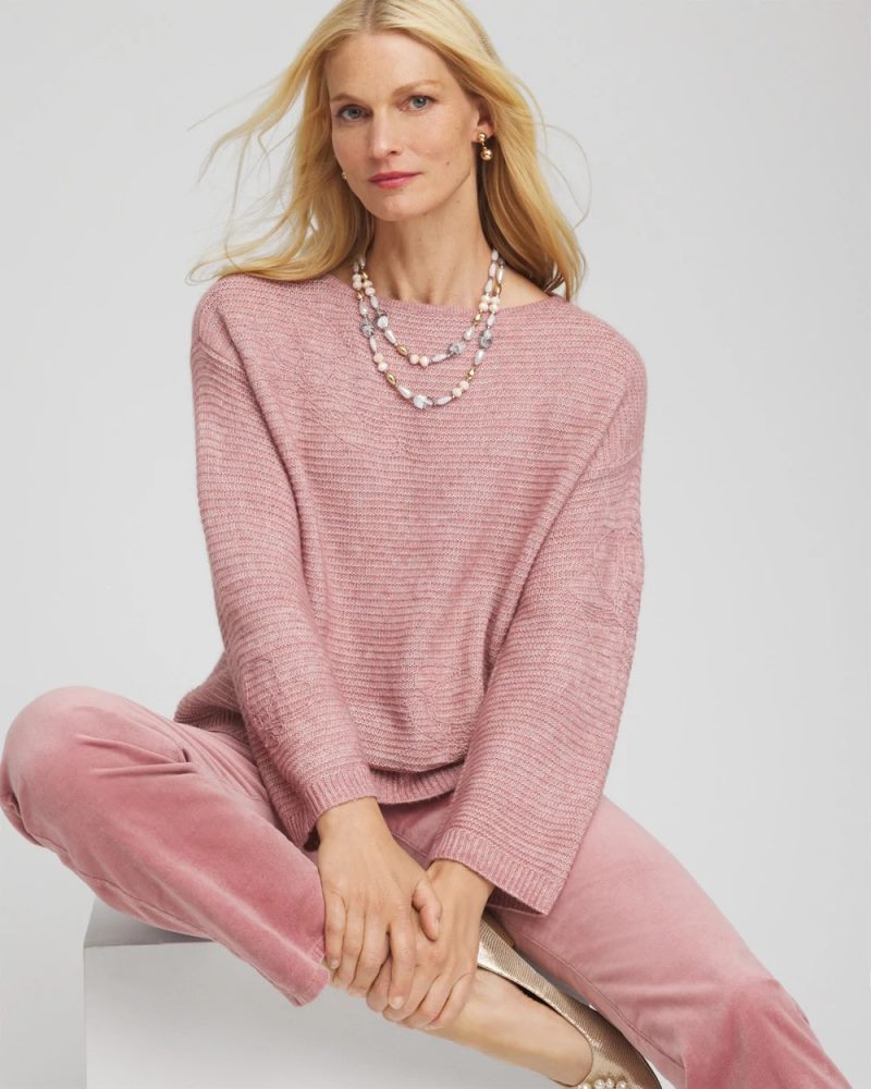 Chicos Tonal Embroidered Boatneck Pullover Sweater - DUSTY ROSE