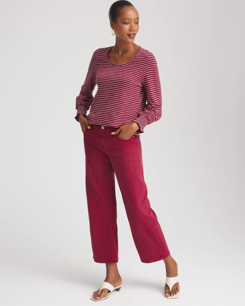 Chicos Smocked-Sleeve Cotton-Slub Tee - RUSSET RED