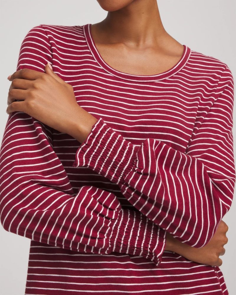 Chicos Smocked-Sleeve Cotton-Slub Tee - RUSSET RED