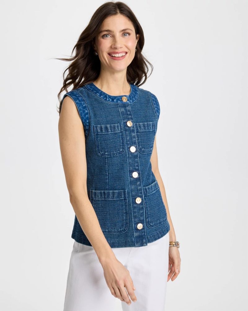 Chicos Tweed Mixed Denim Vest - MIST FLOWER INDIGO
