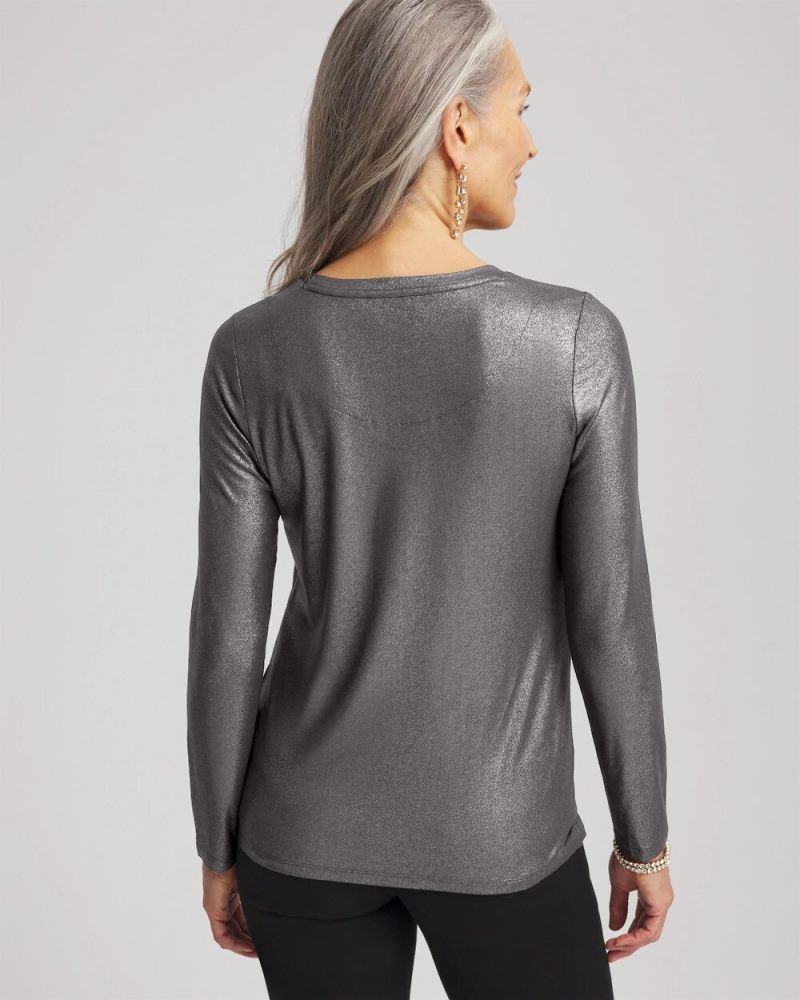 Chicos Touch of Cool™ Foil Long Sleeve Layering Tee - MOON SHADE GRAY