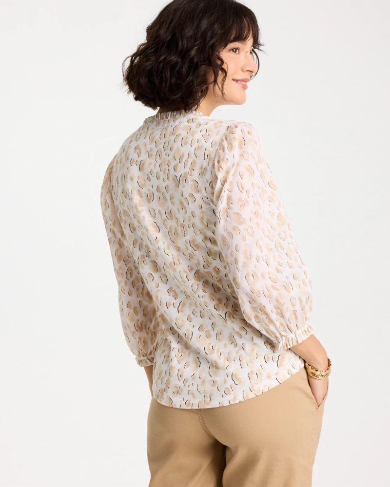 Chicos Animal Print Ruffled V-Neck Top - MOCHA MOUSSE