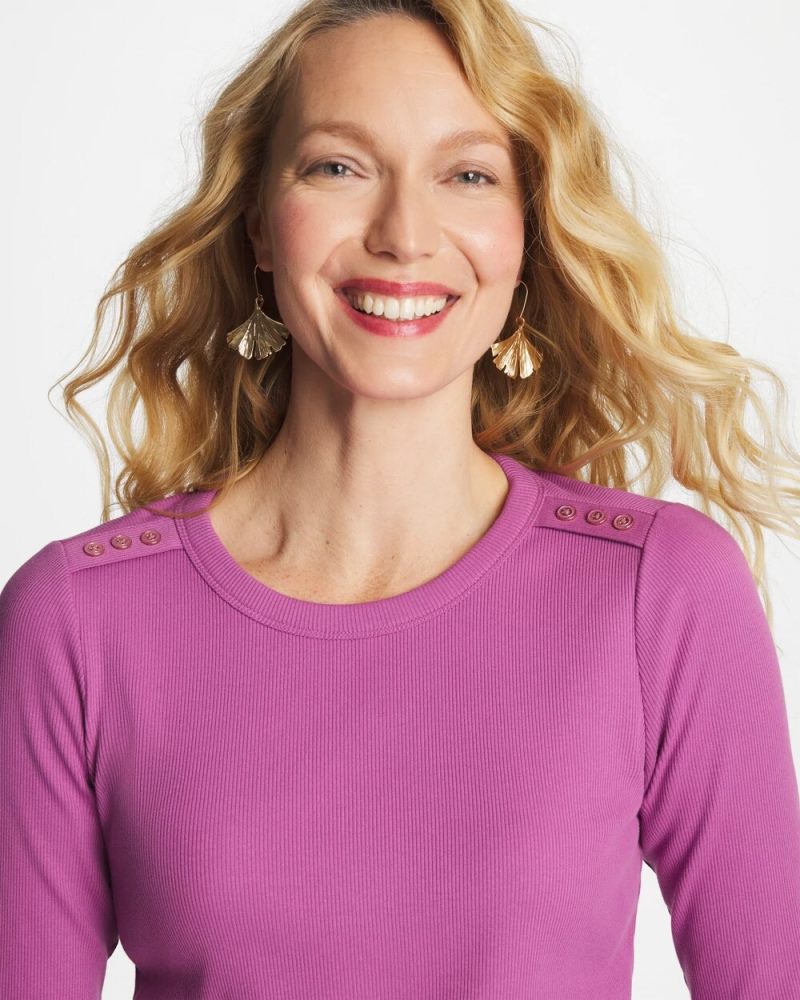 Chicos Ribbed Button Crewneck Tee - VIOLET SHADOW