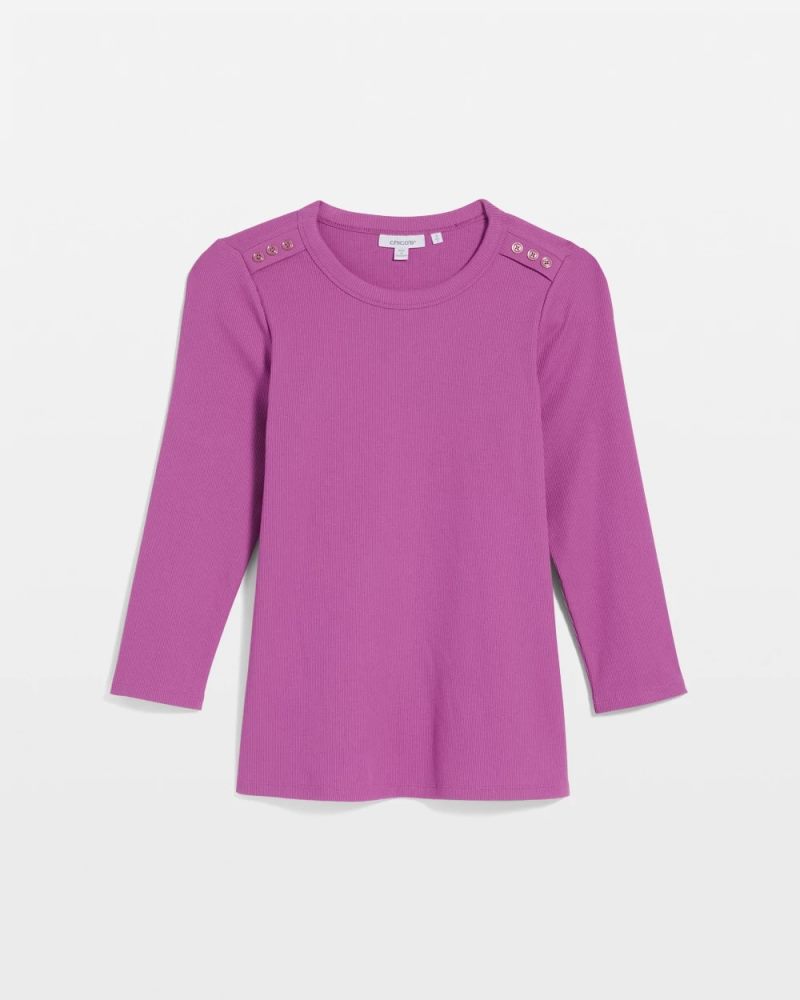 Chicos Ribbed Button Crewneck Tee - VIOLET SHADOW