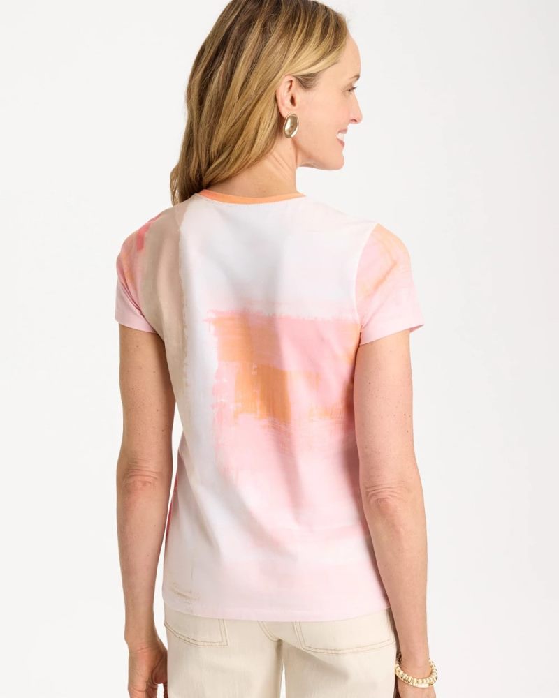 Chicos Cotton Stretch Watercolor Cap Sleeve Tee - CALYPSO CORAL