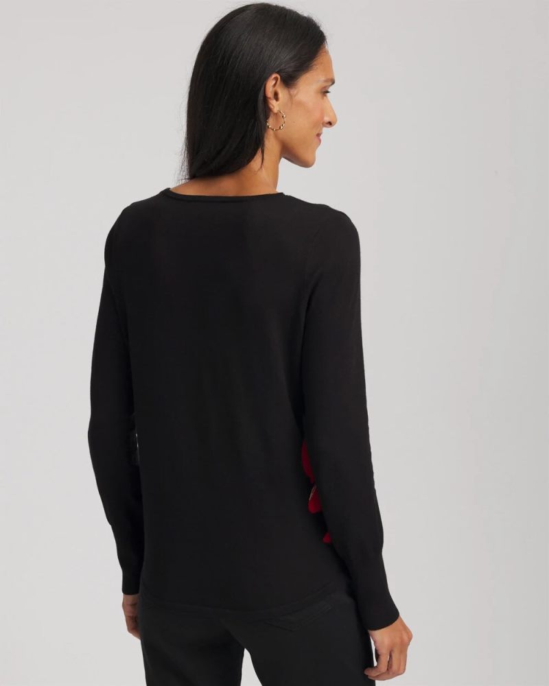 Chicos Ella V-Neck Floral Intarsia Sweater - BLACK