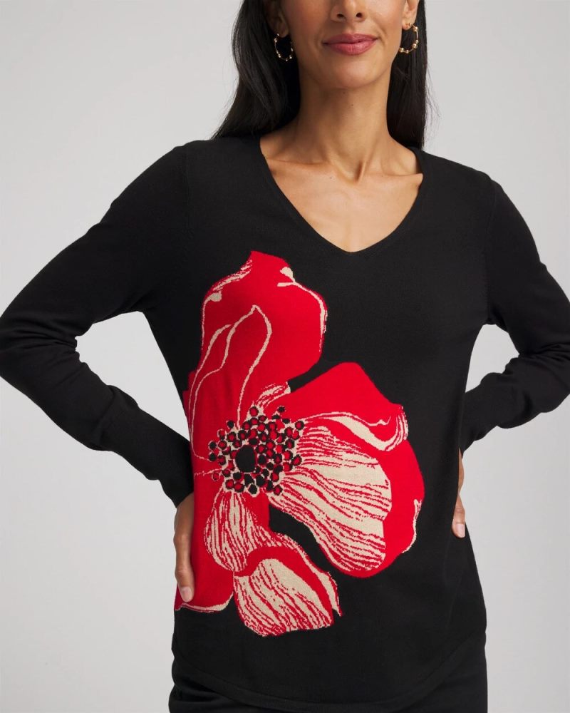 Chicos Ella V-Neck Floral Intarsia Sweater - BLACK