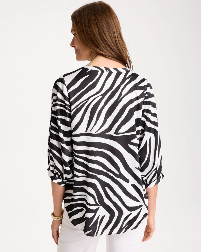 Chicos Satin Animal Print Tie-Front Top - BLACK