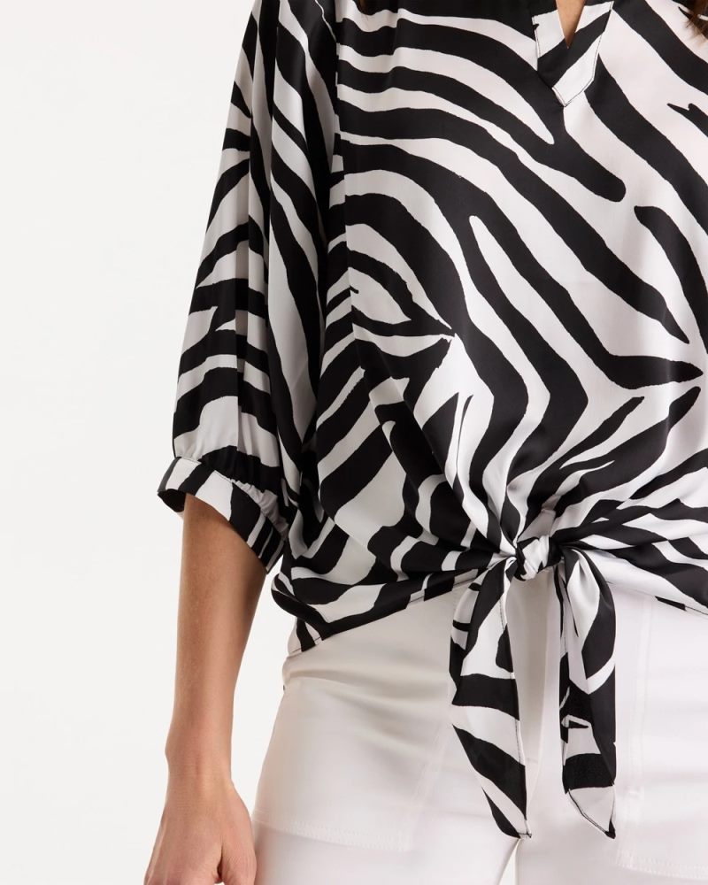 Chicos Satin Animal Print Tie-Front Top - BLACK