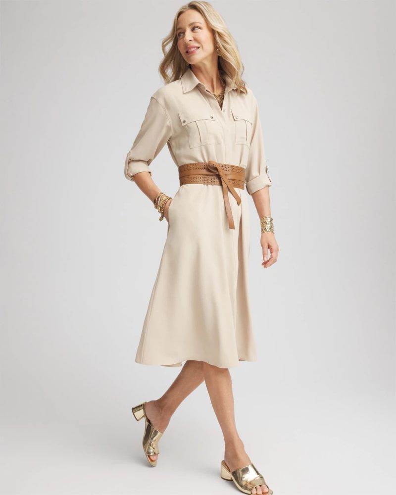 Chicos Twill Belted Midi Shirtdress - WILD TRUFFLE